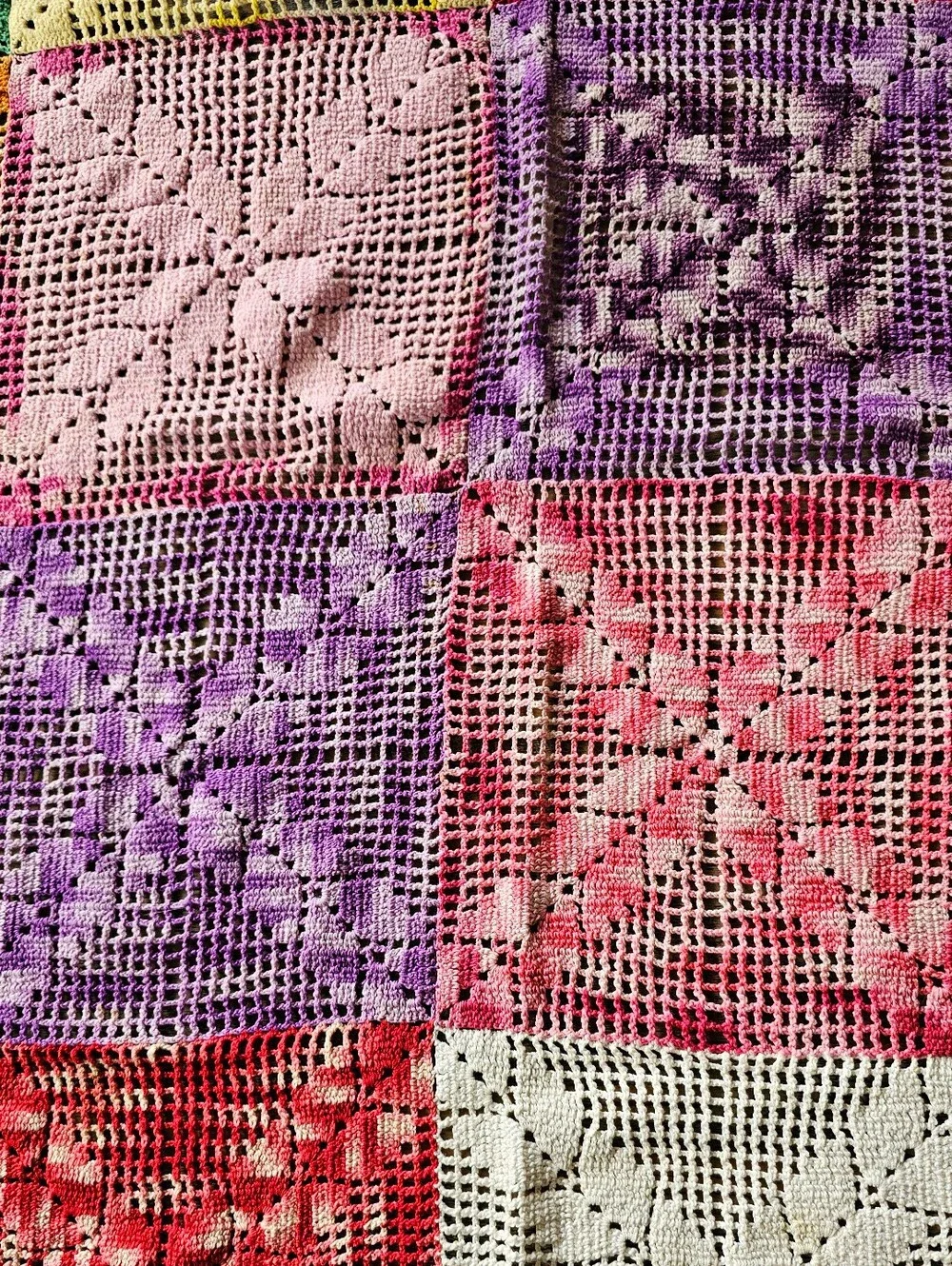 VINTAGE Handmade String Patchwork Diamond- In-Square Design Throw Blanket